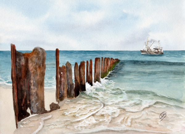 Poster DIN-A3  Aquarell Wellenbrecher Maritim Kunst Druck Dänemark Nordsee Ostsee Düne Dünen Meer Möwe Möwen Strand